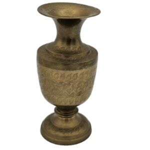 Vintage Etched Brass Vase India 6" Floral Engraved Decorative Urn